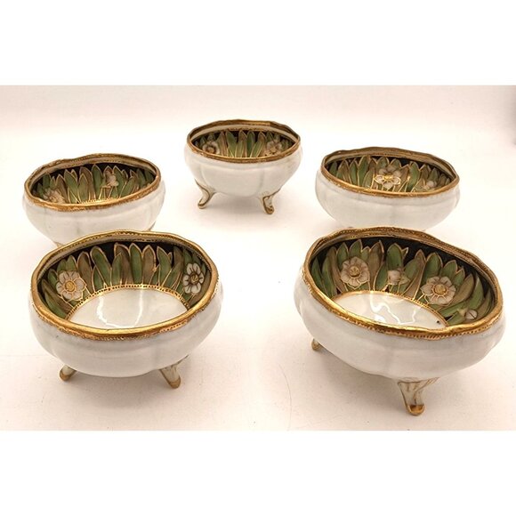 RARE Set Of 5 Vintage Nippon Porcelain Moriage Floral Pattern Footed Nut Bowls - Picture 2 of 12